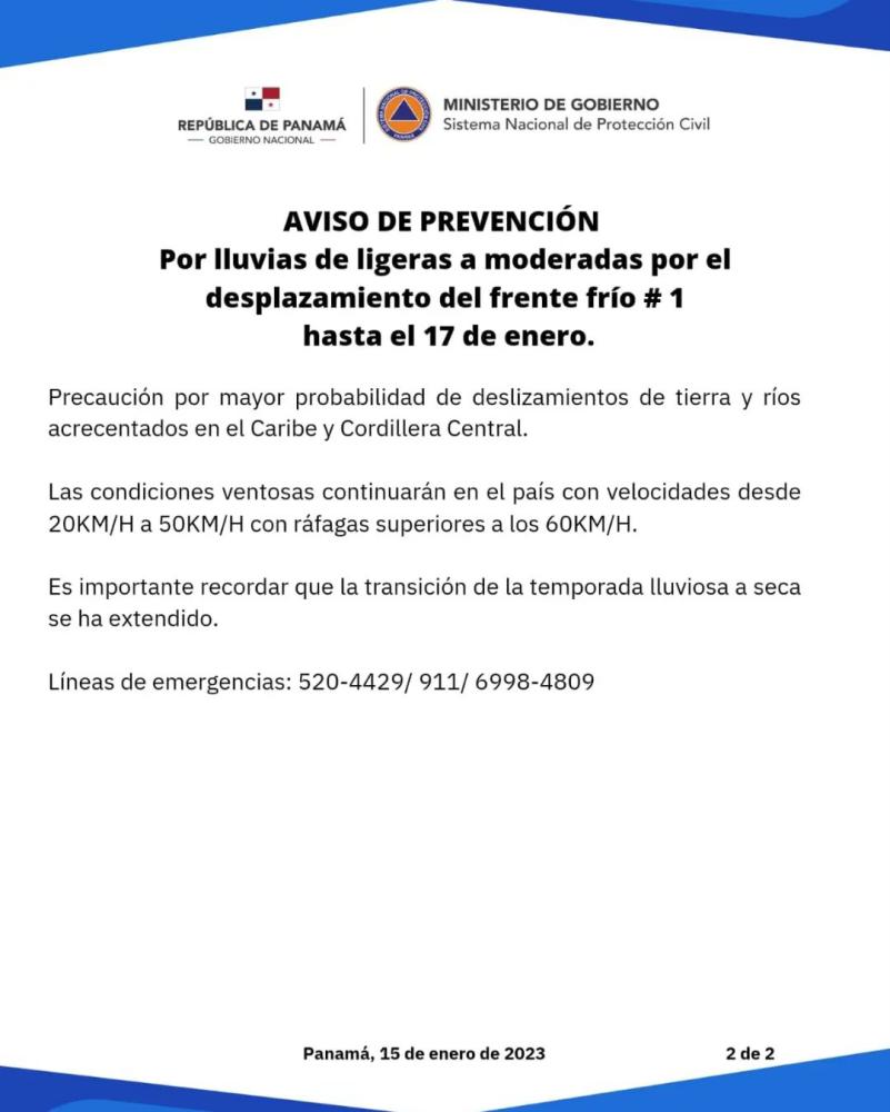 Sinaproc Extiende Aviso De Prevenci N Por Lluvias Ante Desplazamiento