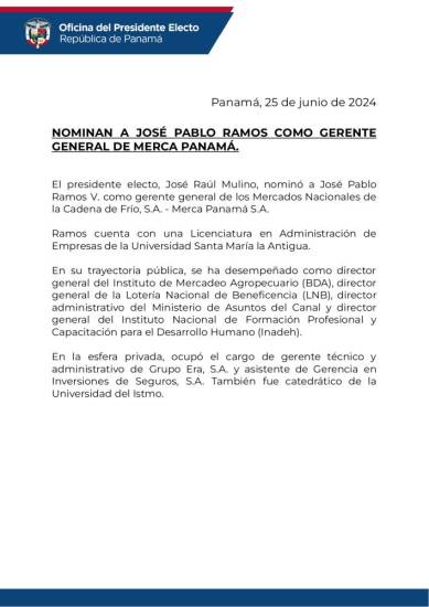 $!Mulino nominó a José Pablo Ramos como gerente de Merca Panamá