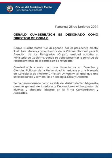 $!Exalcalde de San Miguelito Gerald Cumberbatch es designado como director de Onpar