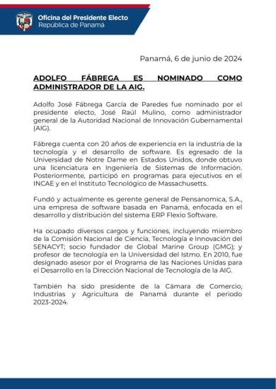 $!Expresidente de la Cámara de Comercio Adolfo Fábrega es nominado para administrar la AIG