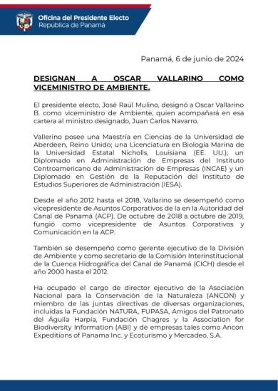 $!Óscar Vallarino es designado como viceministro de Ambiente