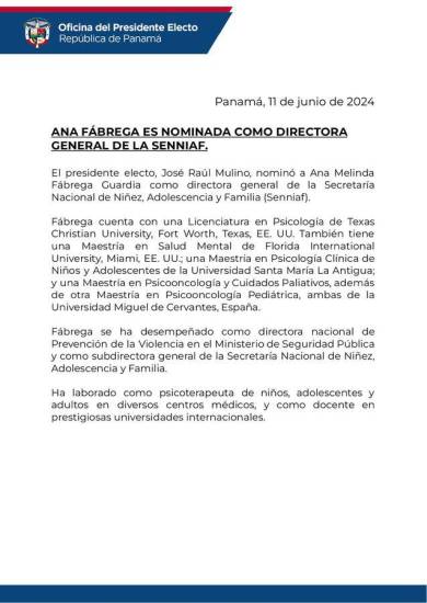 $!Ana Fábrega es nominada como directora general de la Senniaf