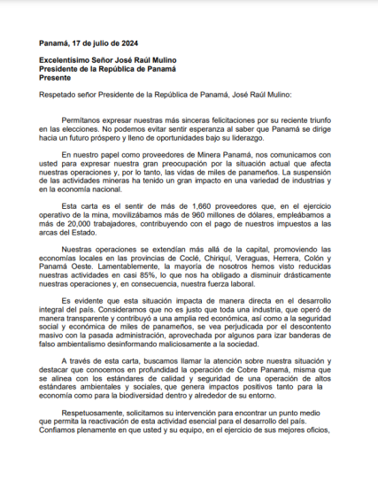 $!Proveedores de Minera Panamá solicitan reunión con Mulino para presentar propuestas de reactivación