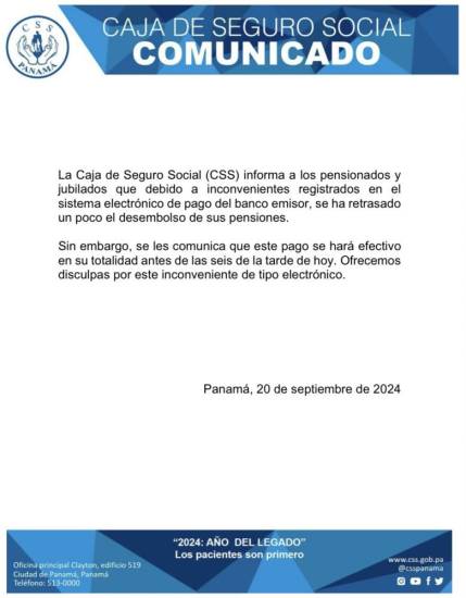 $!CSS: Pago a jubilados y pensionados se reflejará hoy a las 6:00 de la tarde