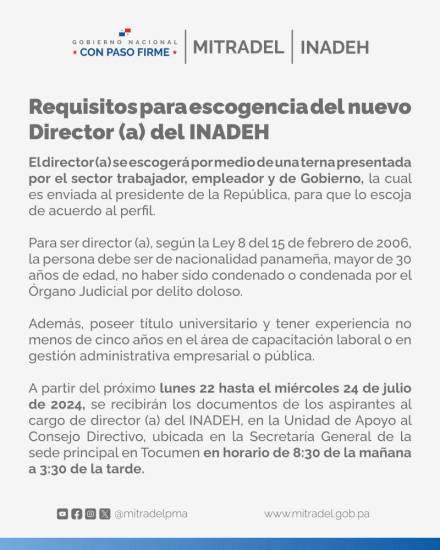 $!Publican requisitos para escogencia del nuevo director o directora del Inadeh