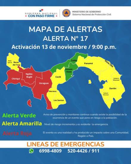 $!Sinaproc eleva alerta roja en Chiriquí, Veraguas y Comarca Ngäbe Buglé