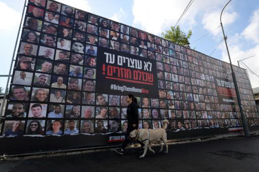 Esta foto de archivo muestra a una mujer que pasea a su perro en Jerusalén delante de una pancarta que pide el retorno de los rehenes cautivos en Gaza