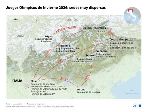 Mapa del norte de Italia que muestra la ubicación de los sitios que albergarán las ceremonias y competiciones de los Juegos Olímpicos de Invierno de 2026 en Milán y Cortina d'Ampezzo, y la distancia, en línea recta, entre las distintas ubicaciones