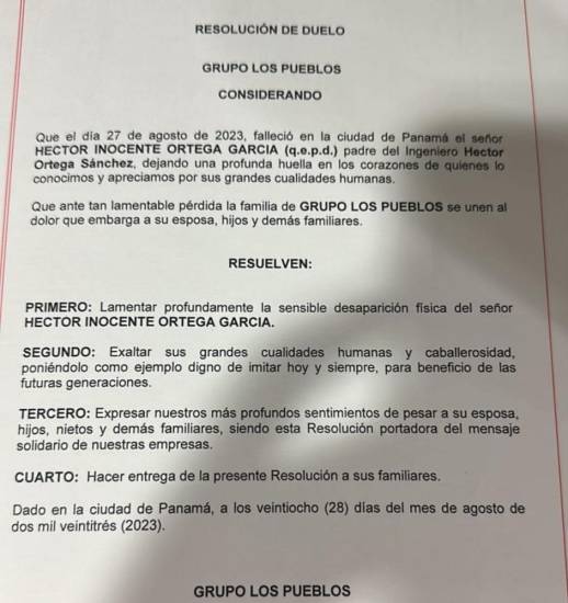 Grupo Los Pueblos emite resolución de duelo tras fallecimiento de Héctor I. Ortega García