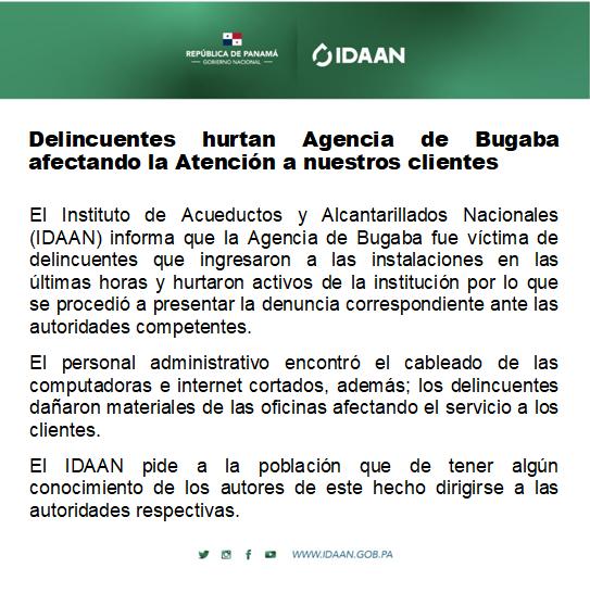 $!Delincuentes hurtan agencia del IDAAN en Bugaba