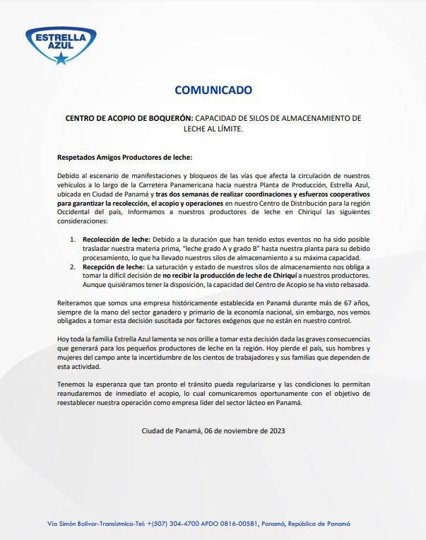 $!Estrella Azul anuncia que no recibirá leche de productores porque su centro de acopio está a máxima capacidad