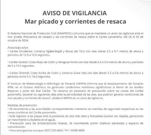 SINAPROC emite aviso de vigilancia por mar picado en el Caribe panameño