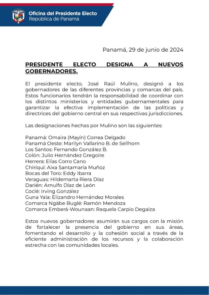 $!Mulino anuncia gobernadores; Mayín Correa y Marilyn Vallarino están en la lista