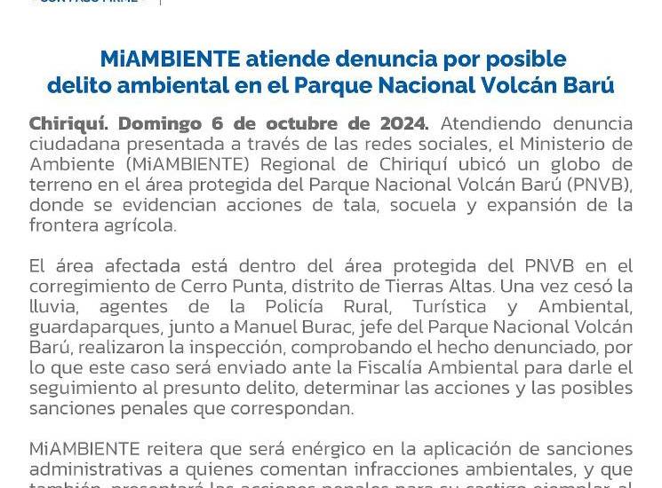 Posible delito ambiental en el Parque Nacional Volcán Barú