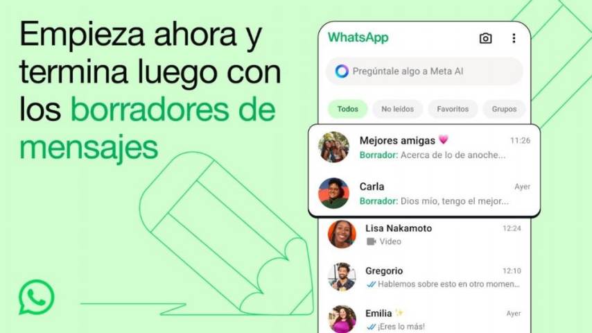 Interfaz de WhatsApp con borradores de mensajes.