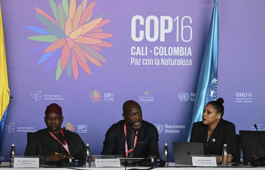 AFP | Ministros de ambiente de varios países durante una conferencia de prensa en la zona azul de la cumbre COP16 en Cali, Colombia.